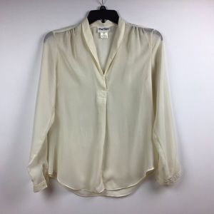 Blouse,ecru,LS,Sheer,V Neck with collar.
